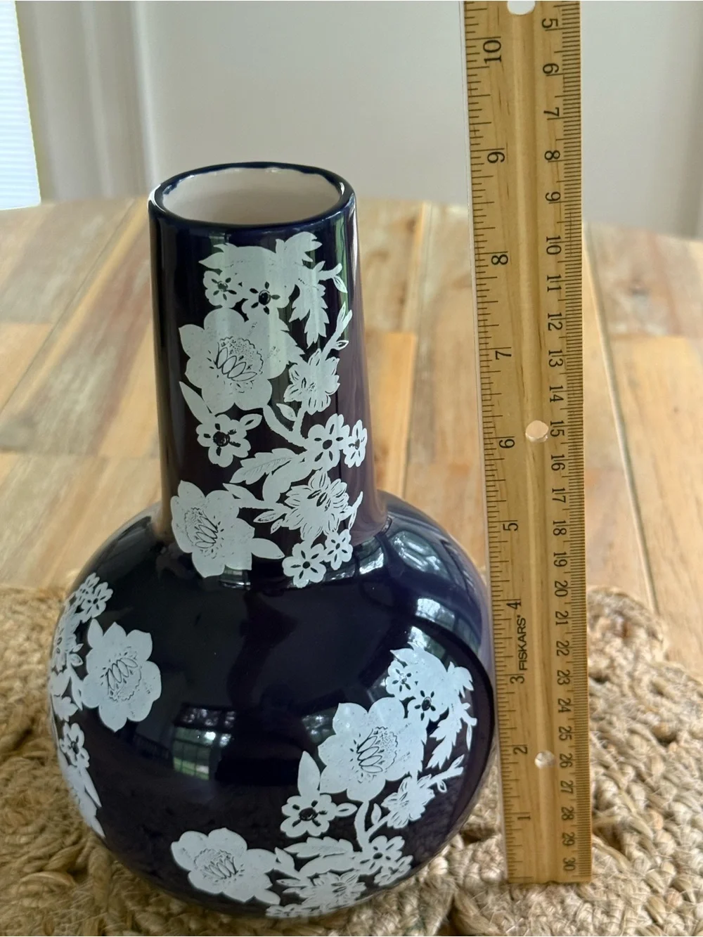Avon Navy Blue Ceramic Vase with White Floral Design 8 1/2”